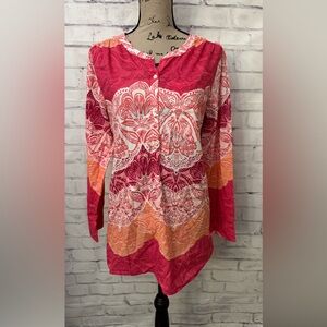 Lands’ End Size 12 Pink Orange Long Sleeve 100% Cotton Tunic Blouse Floral Girly